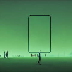 Lilliputians Small People walking around Huge Smartphone Screen Concept - AI Generated