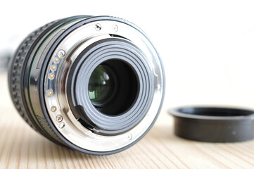 camera lens close up on wooden table 