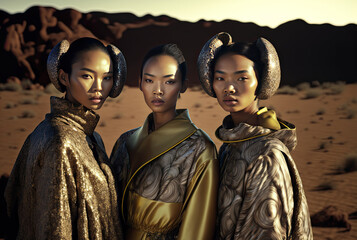 Naklejka premium Mid-body portrait generated with AI of three Asian women with fashion style, photographs in a desert