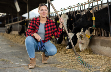 Fototapeta na wymiar Female farmer engaged in breeding of cows posing in cowshed