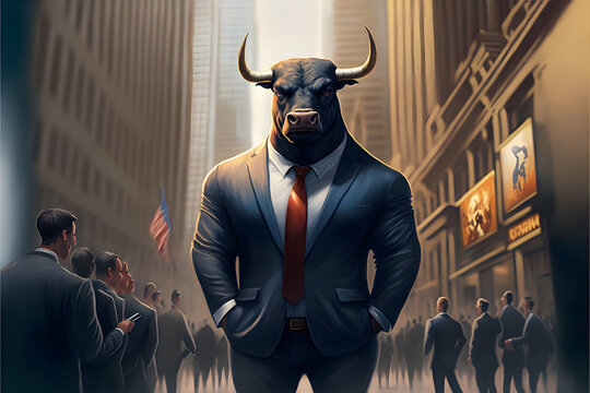 Wall Street Bull in a suit. Wall Street day traders watch the markets, and this represents investors buying stocks, commodities, and more.