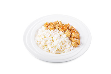 Orange teriyaki chicken with rice in a plate on a white isolated background