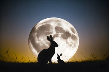 A full moon in background and rabbit silhouette.