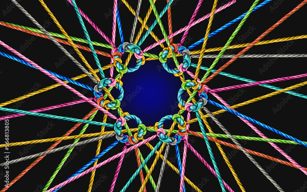 Fototapete Collective Unity and Group cohesion concept and teamwork as a business metaphor for joining a team as diverse groups of ropes connected together as a corporate symbol for cooperation.