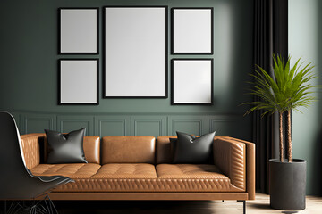 Frame gallery mockup in modern living room interior with leather sofa, minimalist industrial style, 3d render.