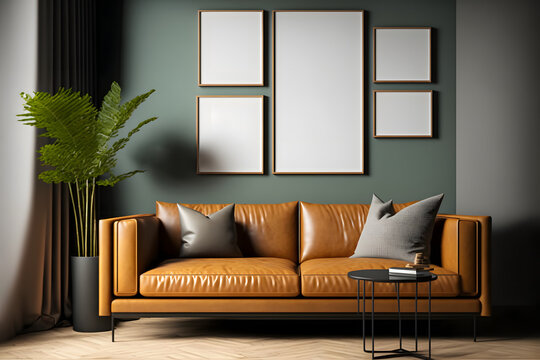 Frame gallery mockup in modern living room interior with leather sofa, minimalist industrial style, 3d render.