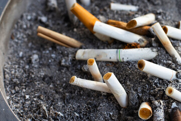 Cigarettes and ash on dirty sand in trash tray