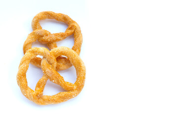 Soft pretzels on a white background.