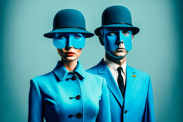 Portrait surréaliste d'un homme et d'une femme avec un masque bleu sur le visage - Générative IA