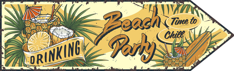 Surf paradise party poster. Summer surfing print with boards and tropical leaves