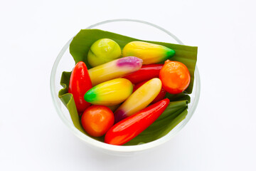 Fruit shaped of mung beans dessert (Kanom Look Choup). Thai Dessert