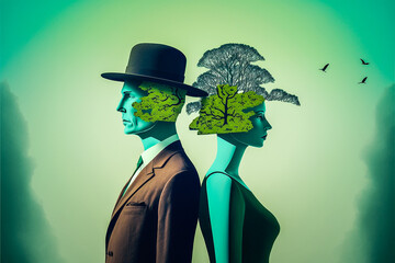 Portrait surréaliste d'un homme et d'une femme avec un des arbres sur la tête - Générative IA