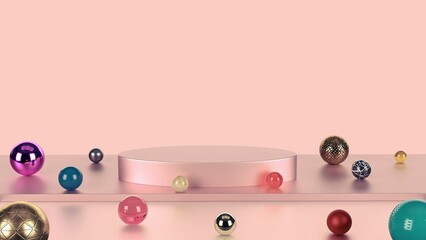 Pink pastel color product stand with colorful marble background. Abstract minimal geometry concept. Studio podium pedestal platform. Exhibition business marketing present stage. 3D illustration render