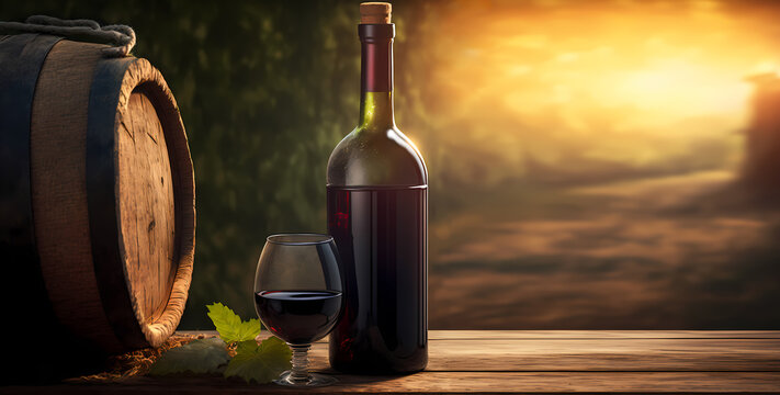 Red wine Bottles and Glasses with barrel on wood background, copy space. Banner winery Italy Tuscany outside
