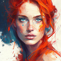 Painting of Beautiful Woman with Red Hair and Stunning blue Eyes Generative AI