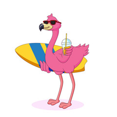 cute flamingo cartoon carrying a surfboard © leviiART