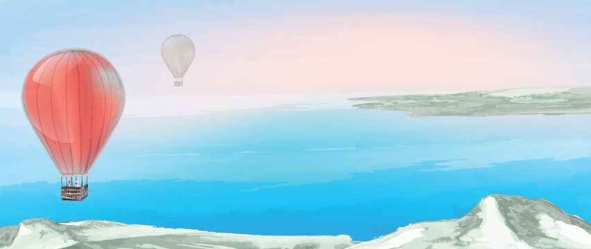 Vector illustration. Aerial view from the cliff to the sea. Hot air ballons are floating, islands apear in the horison. Bright banner with place for text, travel, summer time concept. 