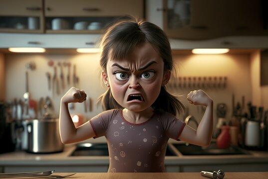 Kraftvolles Cartoon M&auml;dchen zeigt ihre St&auml;rke und power in der K&uuml;che. Vielleicht auch etwas aggressiv und w&uuml;tend auf etwas beim Kochen oder Hausarbeit. KI generiert 