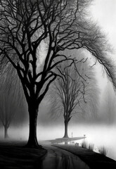 Black And White Trees In Fog
