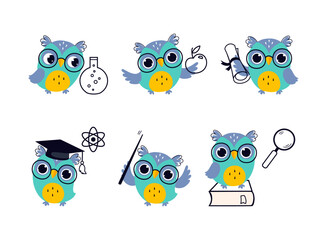 Wise Blue Owl in Glasses and Graduation Hat Vector Set