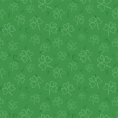 Bright vector seamless pattern with many small clover leaves. St. Patrick's Day celebration. Decorative art element for banner, flyer advertising layout design. Trendy print. Hand drawn linear signs.