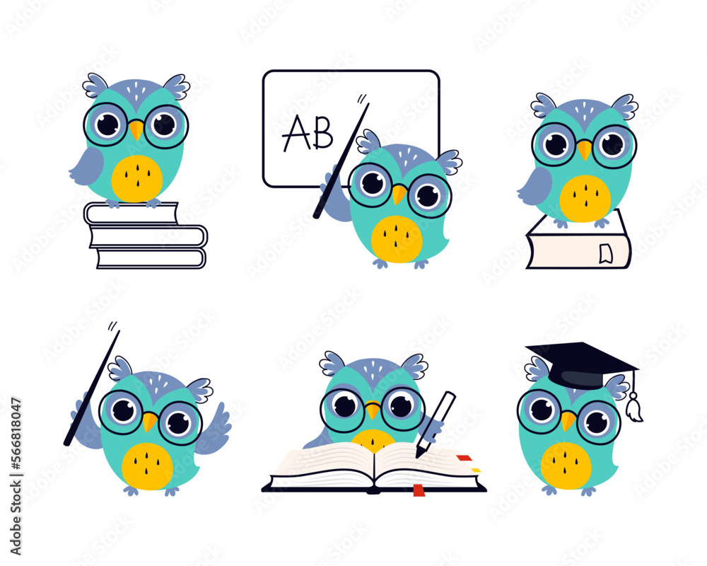 Sticker Wise Blue Owl in Glasses and Graduation Hat Vector Set