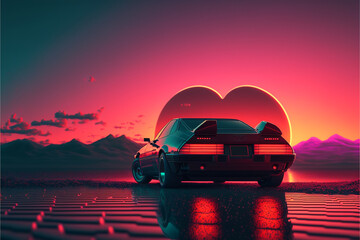 Fototapeta na wymiar Retro wave sunset, Valentine's day, style of synth wave artwork, cinematic color grading, background