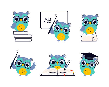 Wise Blue Owl in Glasses and Graduation Hat Vector Set