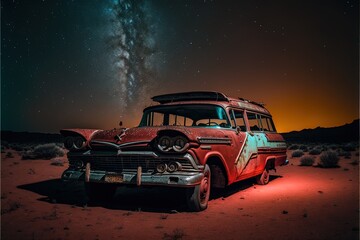 Fototapeta na wymiar A classic 1958 Ford Courier in the middle of the desert at night, image created with Generative AI technology.