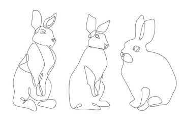 Set of rabbits. Hares. Line art. Rabbit drawn in one line. Wild nature. Easter. Spring. Spring holidays. Hares set. One line. Decor set.