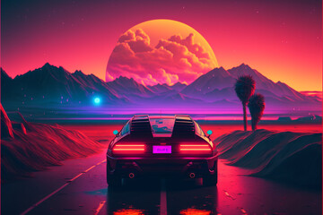 Fototapeta na wymiar Retro wave sunset, Valentine's day, style of synth wave artwork, cinematic color grading, background with neon heart