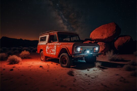 A classic 1972 International Harvester Scout in the middle of the desert at night, image created with Generative AI technology.