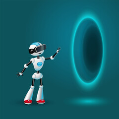 Cute Robot wearing VR headset near teleport portal. Vector illustration