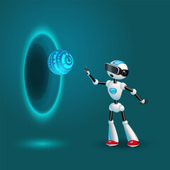 Cute Robot in VR headset, portal and spherical HUD. Vector illustration