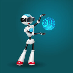 Cute Robot with VR headset and abstract spherical HUD. Vector illustration