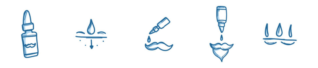Grooming tools modern sketch icon set, beard oil concept, hair growth kit modern vector icons, facial hair nutrients emblems, barber cream symbols isolated on white background