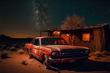 A classic 1975 Ford mustang in the middle of the desert at night, image created with Generative AI technology. - obrazy, fototapety, plakaty