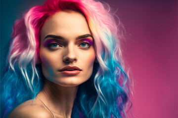 Fototapeta premium woman bright make up, beautiful colorful hair, hair dye, rainbow hair, colorimetry, hair coloring, skin care, cosmetics, beauty treatments, long shiny hair, thumbnail, generative ai