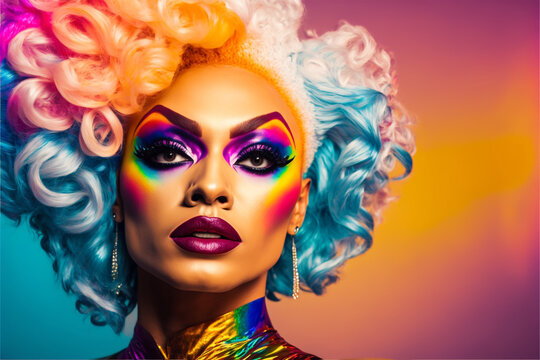gorgeous drag queen with a vibrant makeup and colorful hair on a rainbow background, generative ai