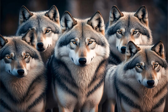 Wolf, large pack of gray wolves or timber wolves at sunset during winter.  Image created with generative ai