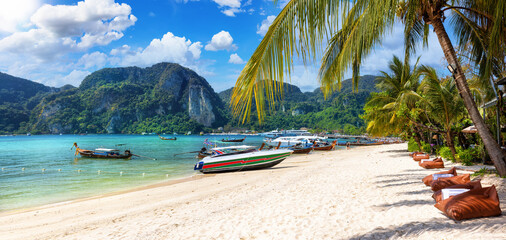 Panoramic view of the beautiful beach at Koh Phi Phi Don, popular destination for daytrippers and tourists in Thailand