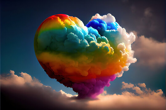 gay cloud, friendship valentines, beautiful gay pride colorful rainbow heart shaped  clouds in a blue sky for valentines day, LGBT background art concept, generative ai