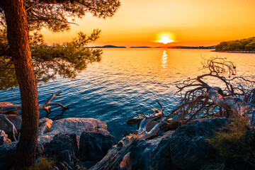 amazing summer coast in Croatia, wonderful sunset view between Zadar and Split, Dalmatia, Croatia,...