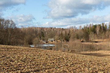 Early spring in Latvia, fields, rivers and landscapes