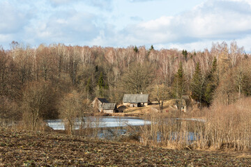 Early spring in Latvia, fields, rivers and landscapes