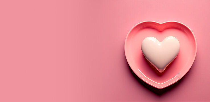 A heart-shaped plate on a pink background with copy space. The concept of love and happiness on Valentine's Day, Generative AI