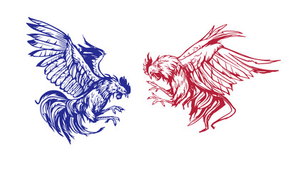 Rooster fighing, angry, hand drawn vector sketch illustration. Black on Transparent background © aksol