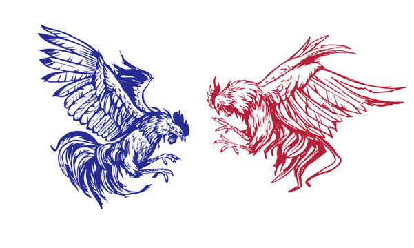 Rooster fighing, angry, hand drawn vector sketch illustration. Black on Transparent background