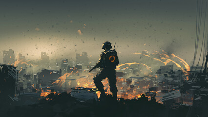 soldier with a gun standing on the ruins of the destroyed city, digital art style, illustration painting