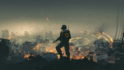Afwasbaar Fotobehang Grandfailure soldier with a gun standing on the ruins of the destroyed city, digital art style, illustration painting